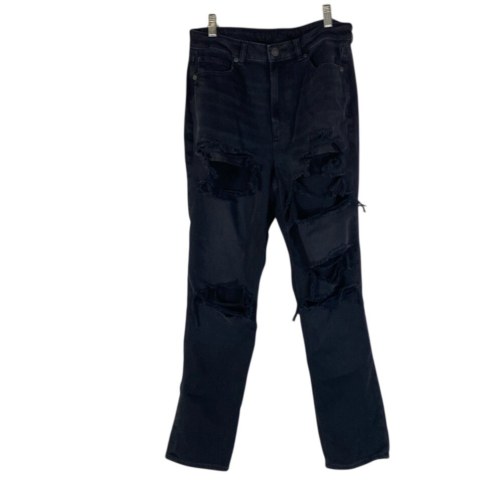 American Eagle Black very Distressed Denim Ripped Mom Jeans size 8 regular
